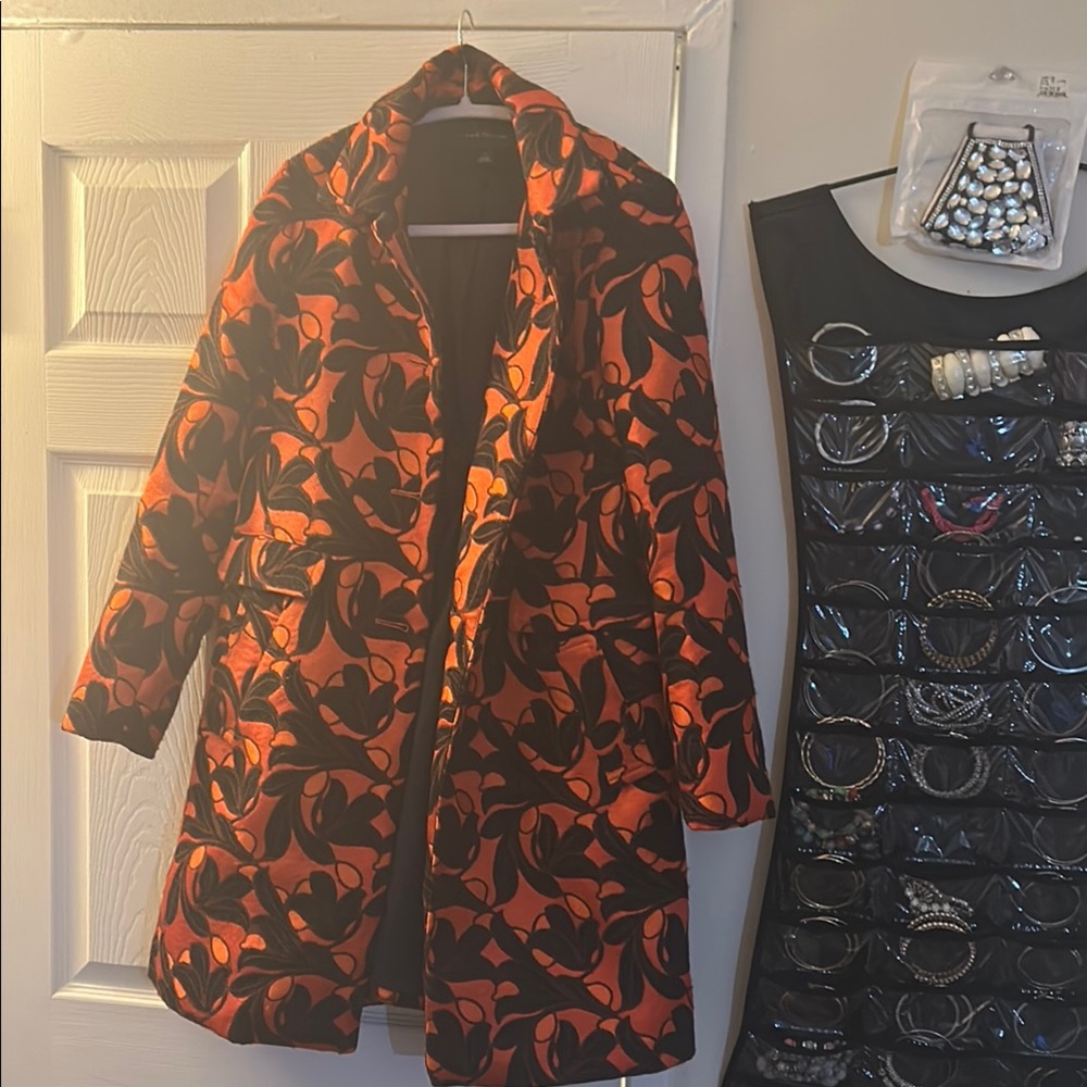 Women's Orange and Black Patterned Coat